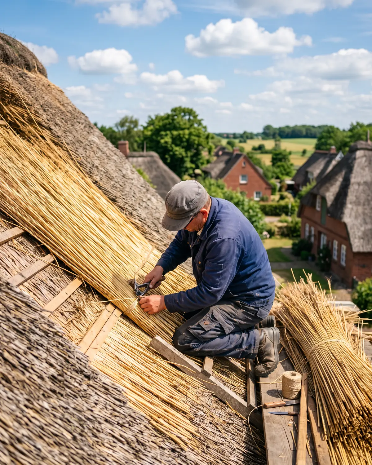 Reetdachdecker bindet frisches Reet neben das alte Dach