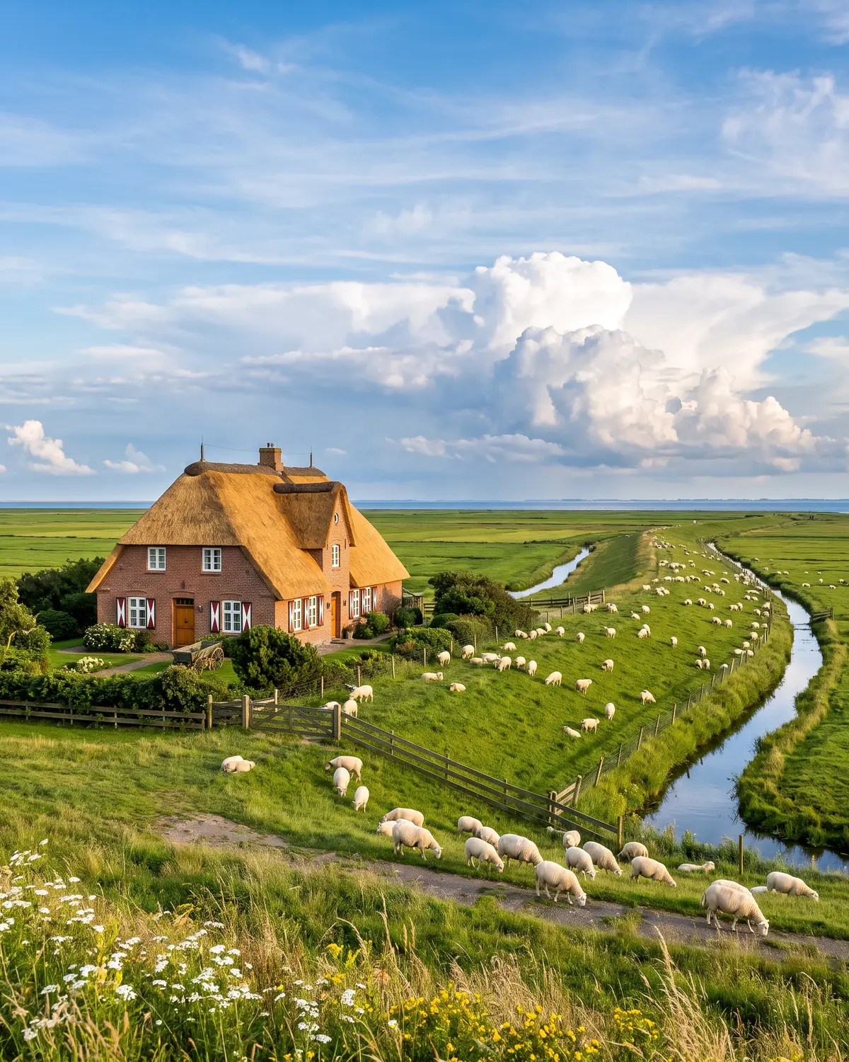 Reetdachhaus in der Marsch, Schafe auf dem Deich, am Horizont ziehen Gewitterwolken auf